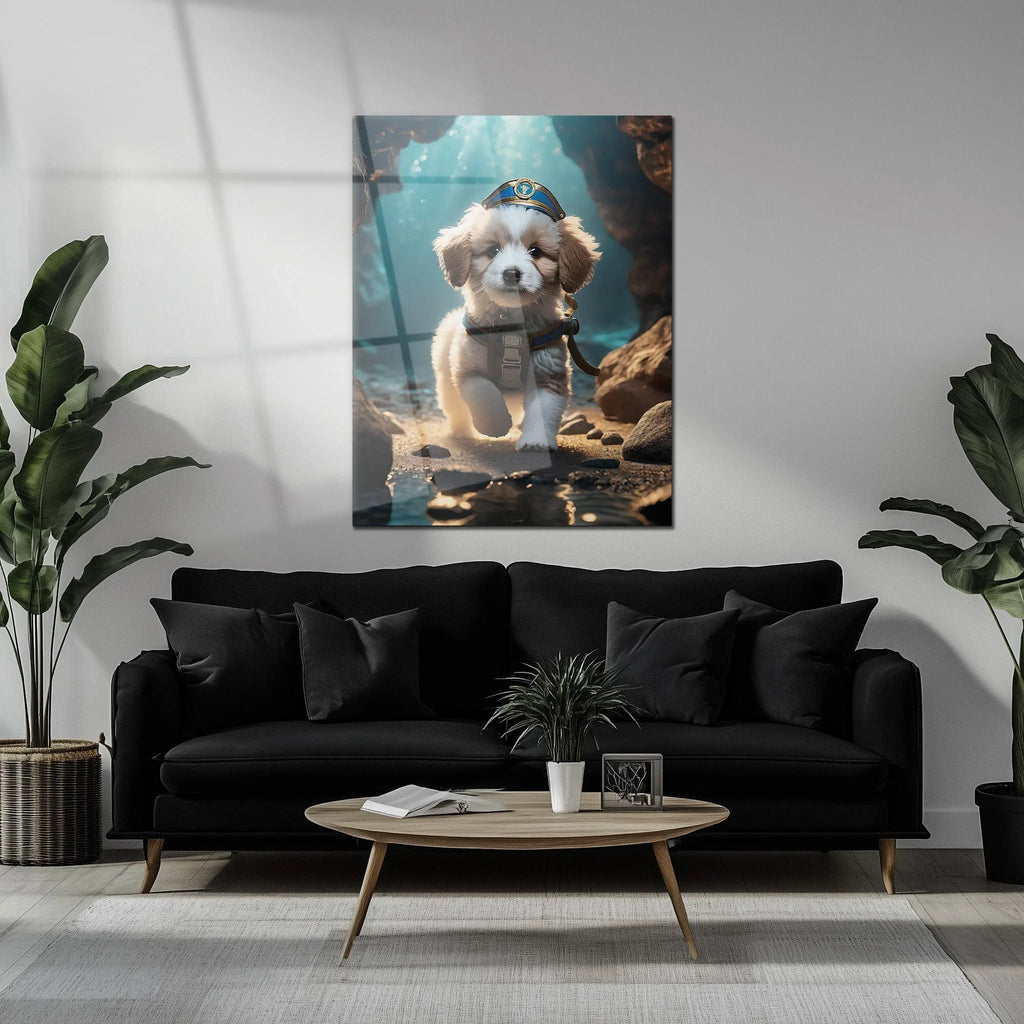 Adventure Puppy Portrait – Cute Explorer Dog UV Glass Wall Art for Pet Lovers - KAFCD110 Peony Atelier