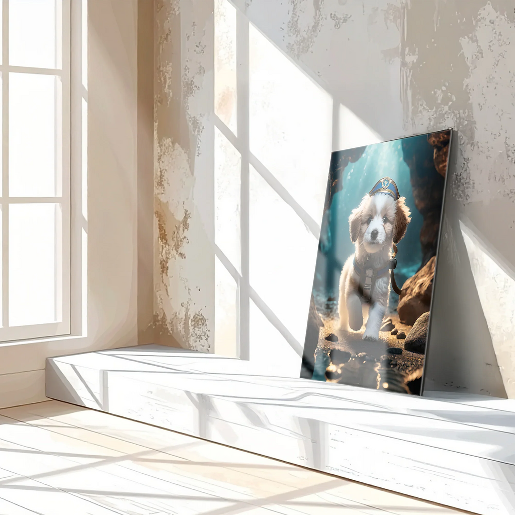 Adventure Puppy Portrait – Cute Explorer Dog UV Glass Wall Art for Pet Lovers - KAFCD110 Peony Atelier