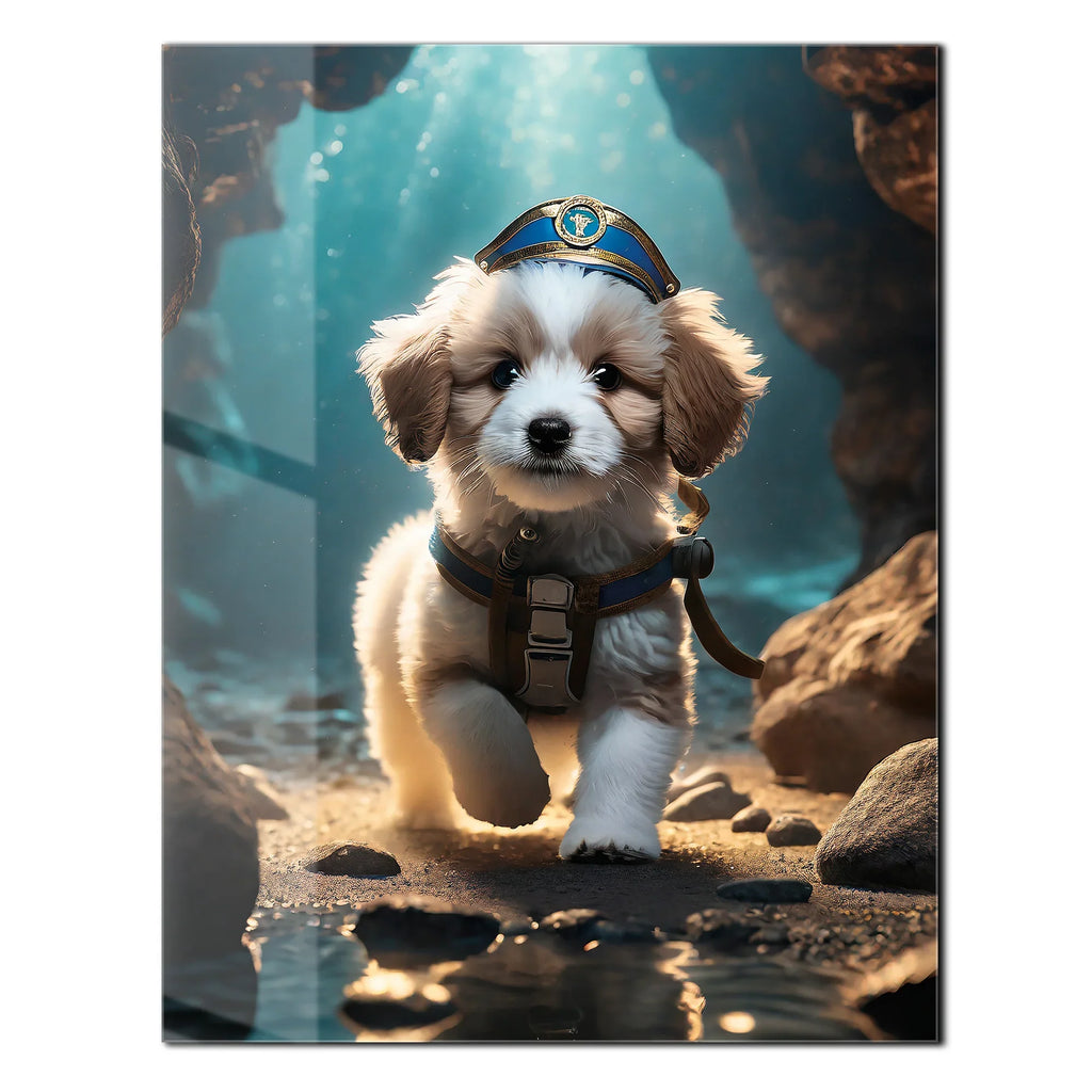 Adventure Puppy Portrait – Cute Explorer Dog UV Glass Wall Art for Pet Lovers - KAFCD110 Peony Atelier
