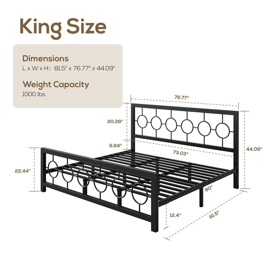 King Black Metal Platform Bed Frame with Circle Medallion Headboard Footboard