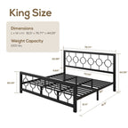 King Black Metal Platform Bed Frame with Circle Medallion Headboard Footboard