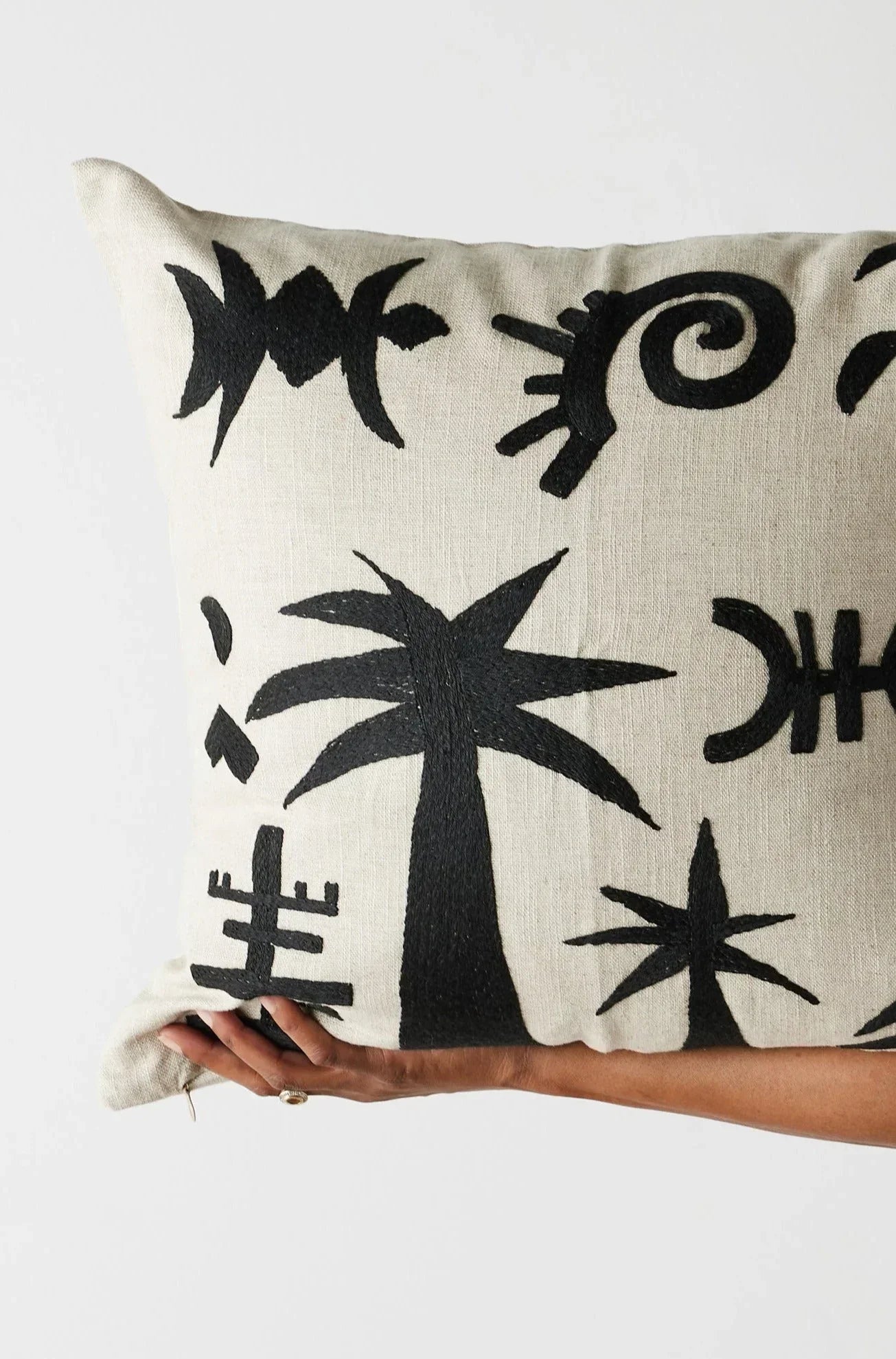 Keiskamma Black Linen & Silk Embroidered Throw Pillow Kanju Interiors