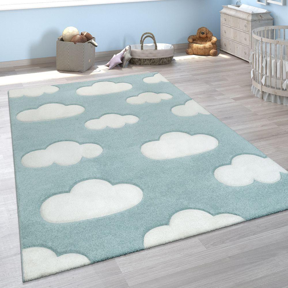 Kids Room Rug Cosmo with Clouds in Pastel Blue White, front view - House Of Avana