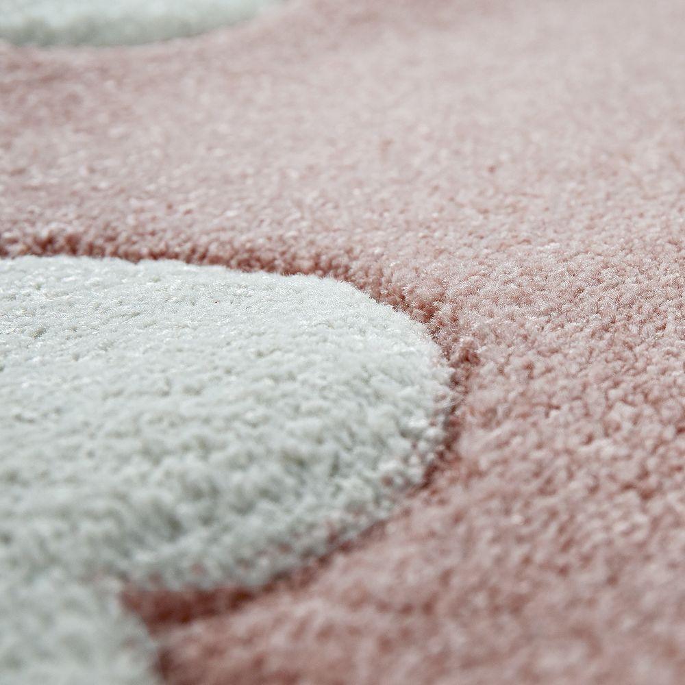 Kids Room Rug Cosmo with Clouds in Pastel Pink White, side view - House Of Avana