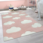 Kids Room Rug Cosmo with Clouds in Pastel Pink White, front view - House Of Avana