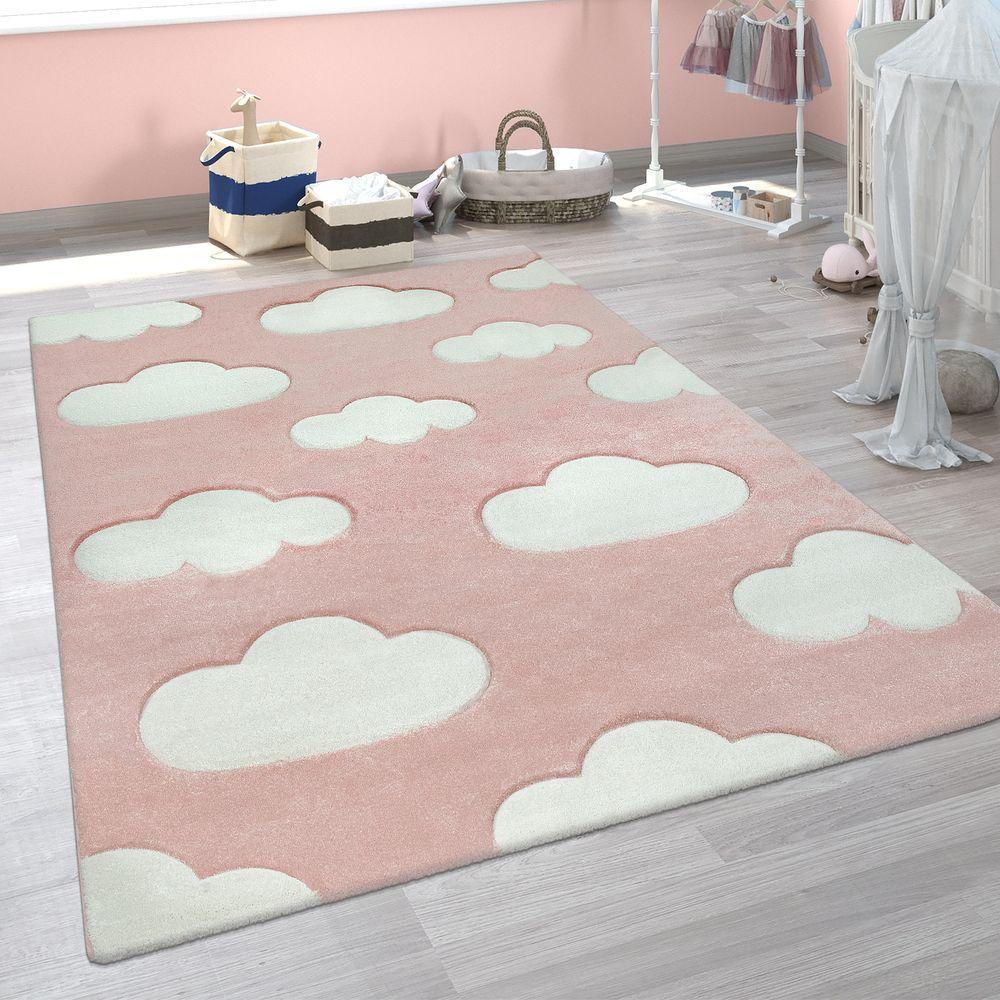 Kids Room Rug Cosmo with Clouds in Pastel Pink White, front view - House Of Avana