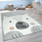 Kids Room Rug Cute Snow Bear 3d in Grey White, front view - House Of Avana