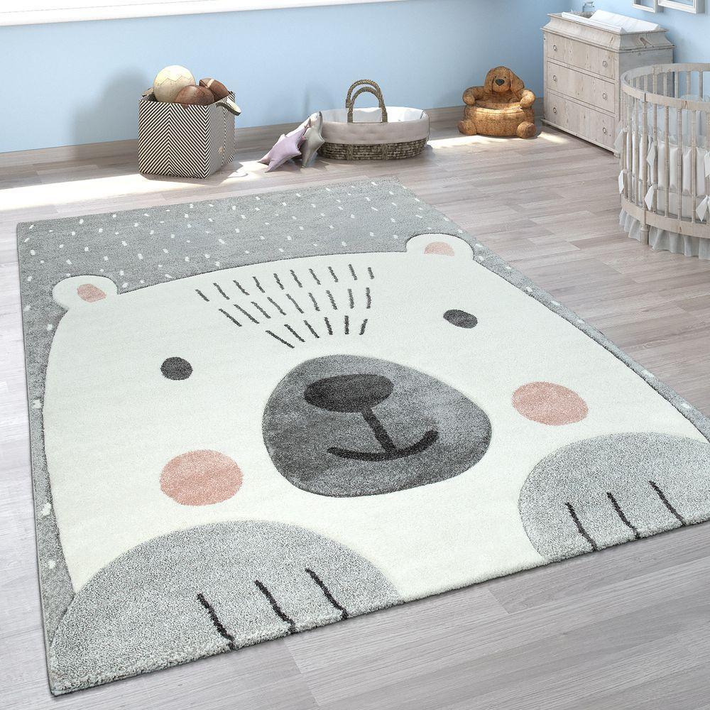 Kids Room Rug Cute Snow Bear 3d in Grey White, front view - House Of Avana