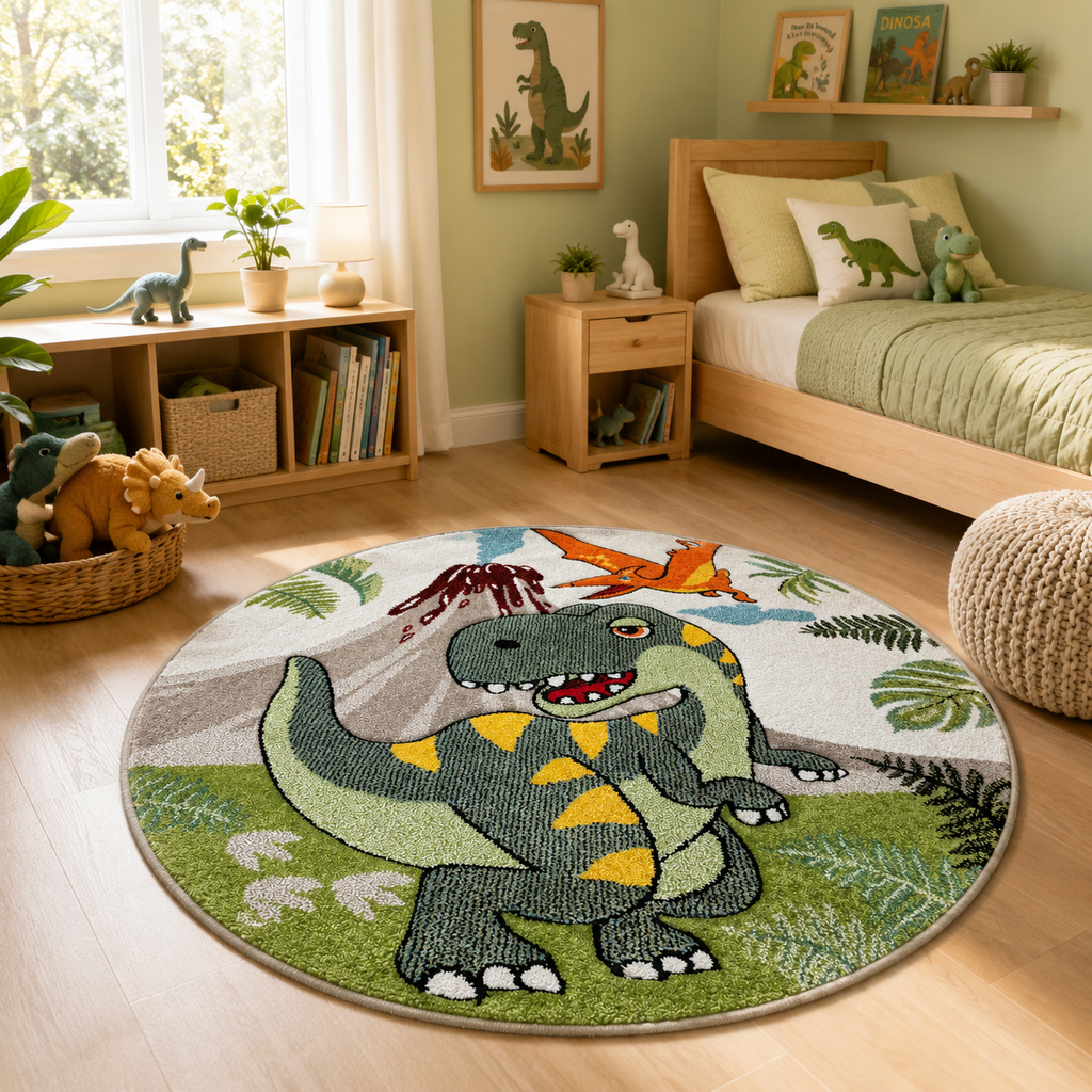 Kids Room Rug Dinosaur Jungle Volcano 3D in Green