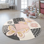 Kids Room Rug Pink Butterflies and Check Pattern, detail shot - House Of Avana