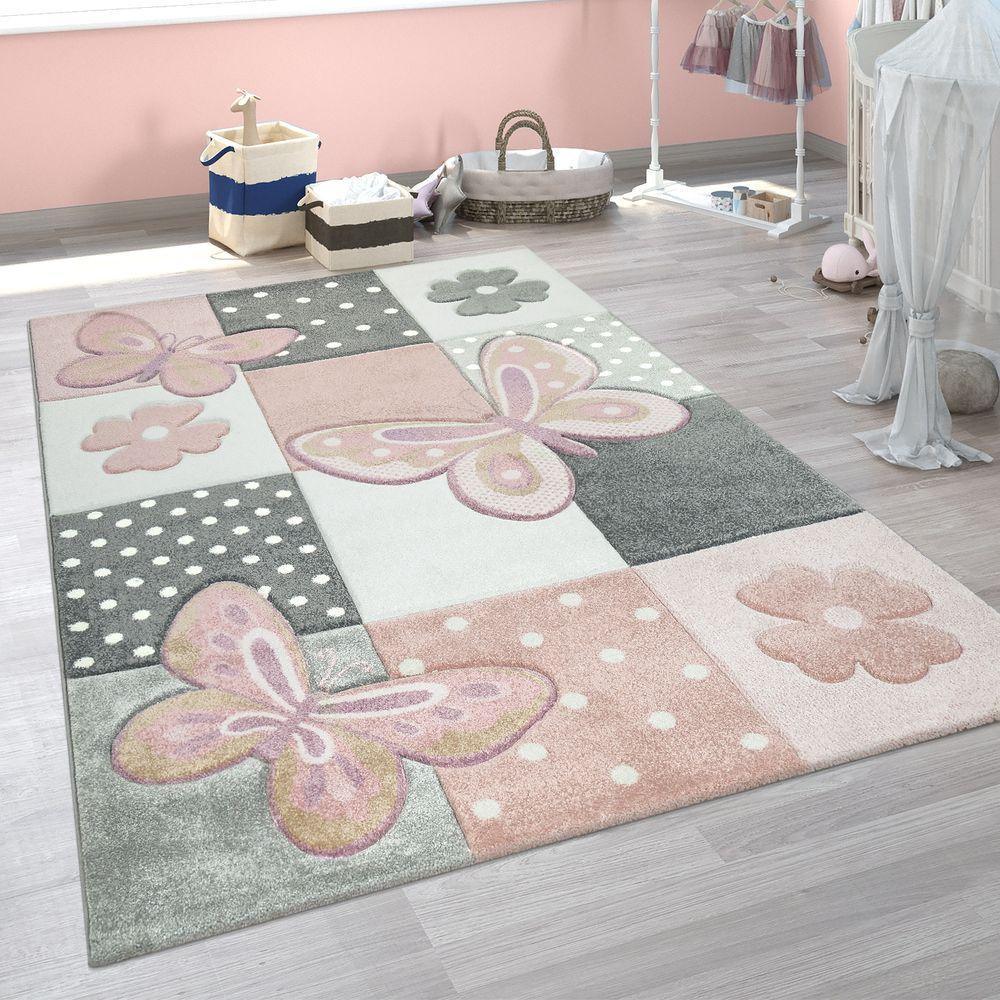 Kids Room Rug Pink Butterflies and Check Pattern, front view - House Of Avana