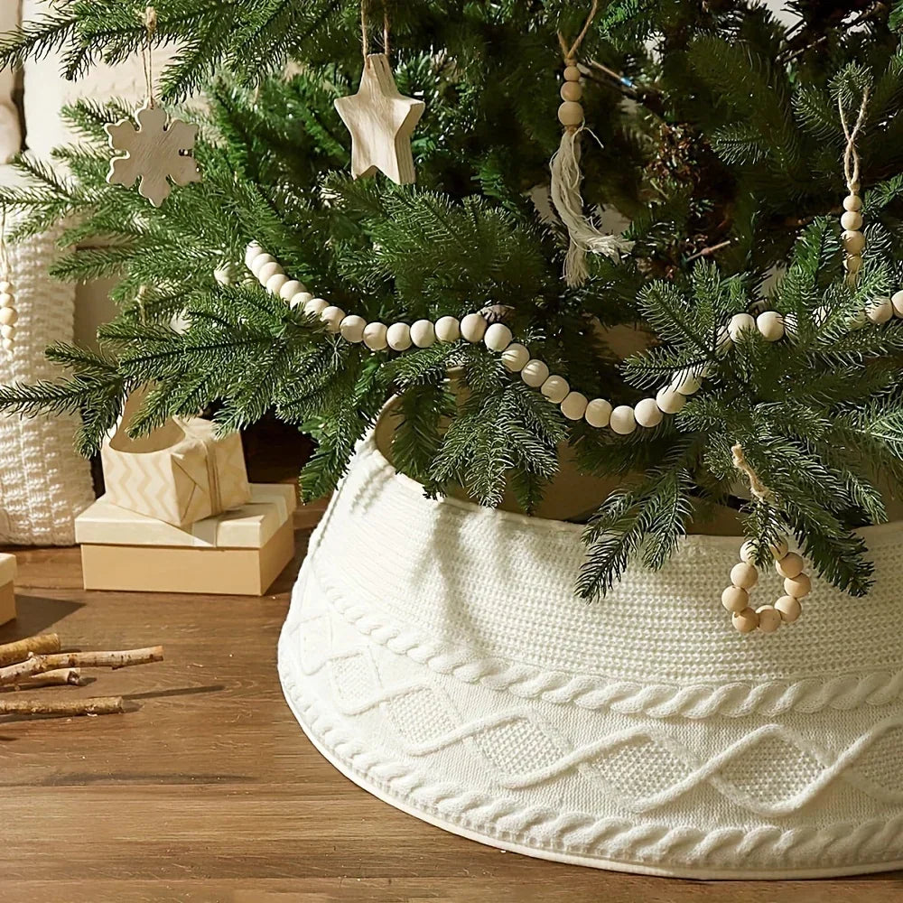 1pc Knitted Christmas Tree Collar, Cream Cross Diamond Edge Coarse Twisted Flower Knitted Christmas Tree Collar, Farmhouse Country Tree Ring Tree Skirt Used for Christmas Home Decoration, Christmas Holiday Parties, Home, Gard House Of Avana [[SKU:HOA-XMS-019]]