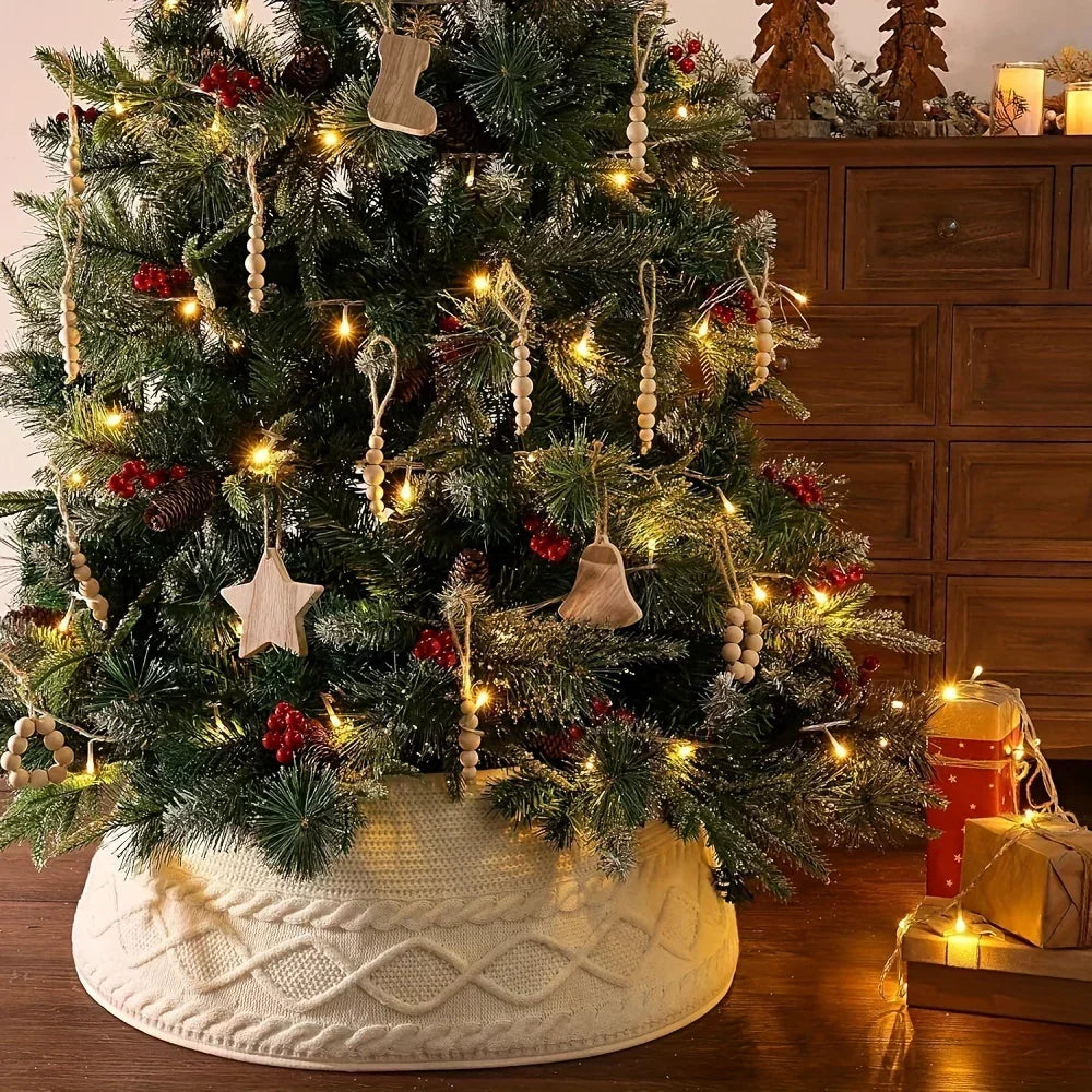1pc Knitted Christmas Tree Collar, Cream Cross Diamond Edge Coarse Twisted Flower Knitted Christmas Tree Collar, Farmhouse Country Tree Ring Tree Skirt Used for Christmas Home Decoration, Christmas Holiday Parties, Home, Gard House Of Avana [[SKU:HOA-XMS-019]]