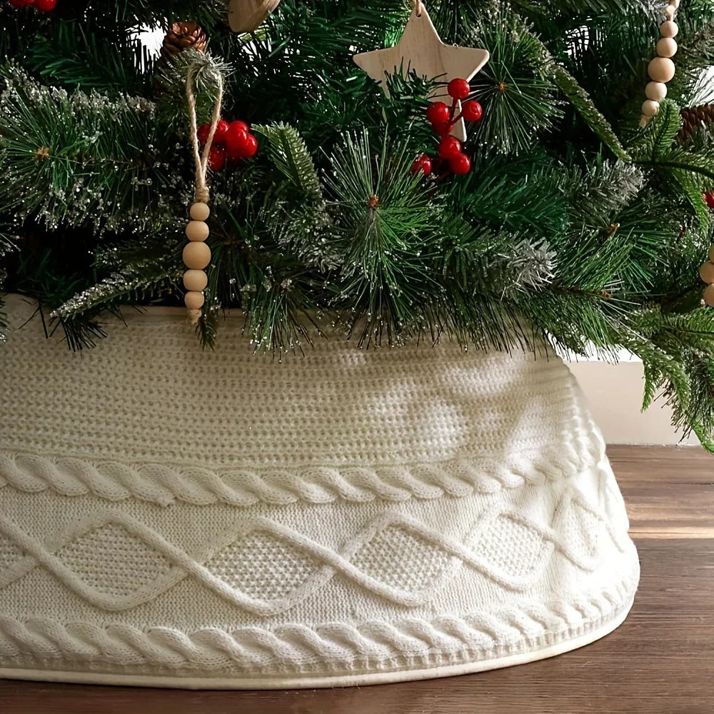 1pc Knitted Christmas Tree Collar, Cream Cross Diamond Edge Coarse Twisted Flower Knitted Christmas Tree Collar, Farmhouse Country Tree Ring Tree Skirt Used for Christmas Home Decoration, Christmas Holiday Parties, Home, Gard House Of Avana [[SKU:HOA-XMS-019]]