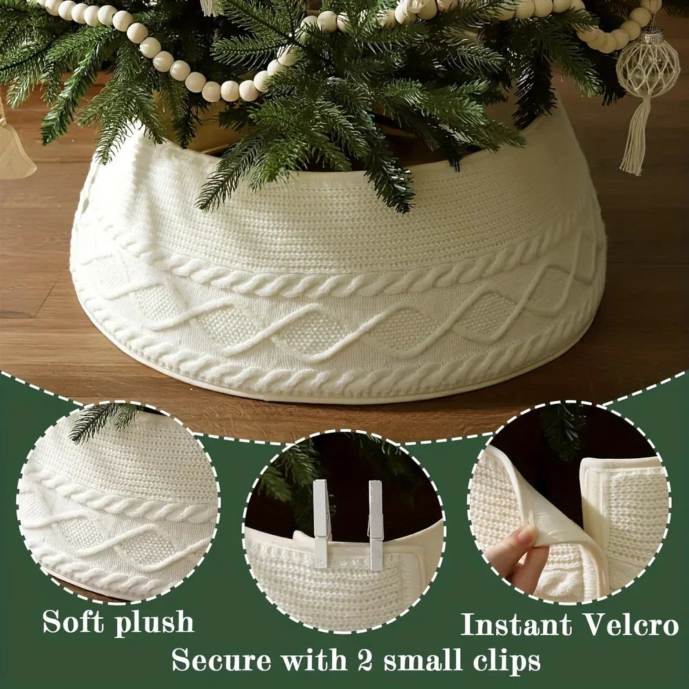 1pc Knitted Christmas Tree Collar, Cream Cross Diamond Edge Coarse Twisted Flower Knitted Christmas Tree Collar, Farmhouse Country Tree Ring Tree Skirt Used for Christmas Home Decoration, Christmas Holiday Parties, Home, Gard House Of Avana [[SKU:HOA-XMS-019]]