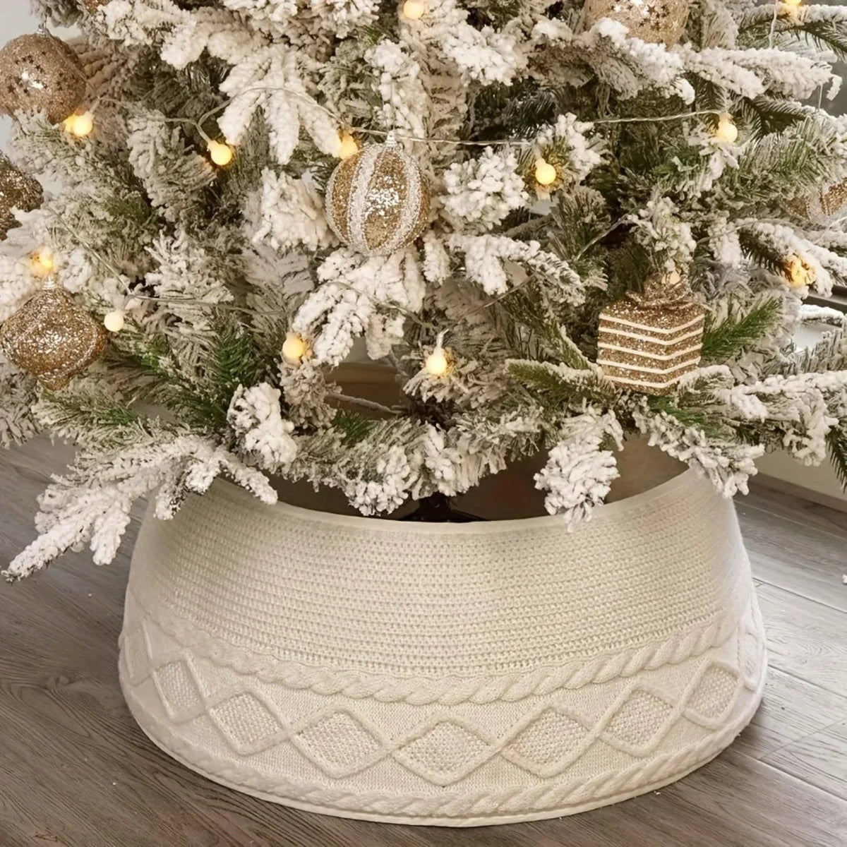1pc Knitted Christmas Tree Collar, Cream Cross Diamond Edge Coarse Twisted Flower Knitted Christmas Tree Collar, Farmhouse Country Tree Ring Tree Skirt Used for Christmas Home Decoration, Christmas Holiday Parties, Home, Gard House Of Avana [[SKU:HOA-SCU-223]]