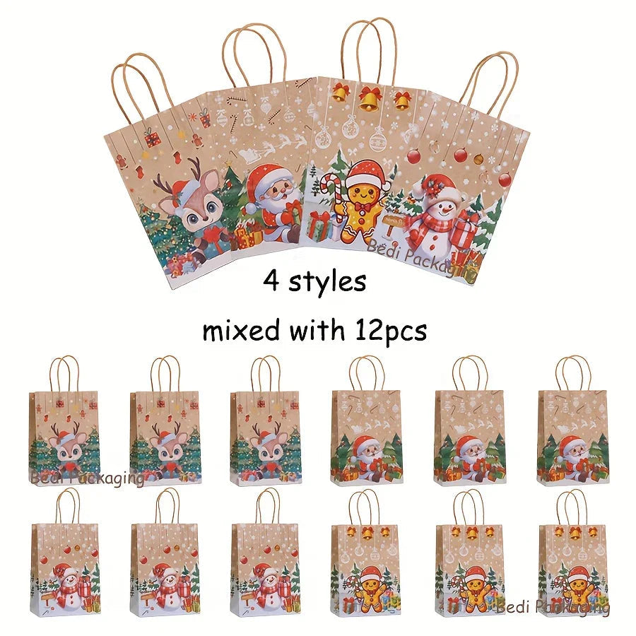12pcs Christmas Theme Gift Wrapping Bags Set, Kraft Paper Party Favor Tote Bag with Santa Claus, Cookie for Man, Snowman & Reindeer Designs, Material for Holiday Presents, Gift Bags Christmas, Christmas Gift Bags Bulk, Boxes House Of Avana [[SKU:HOA-STO-039]]