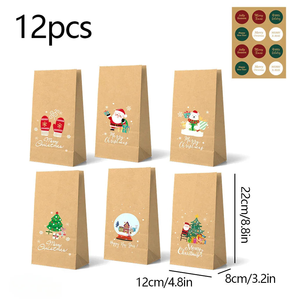 Christmas Kraft Paper Gift Bag Set, Durable High-Quality Premium Material, Holiday Design with 12 Bags & 12 Stickers, Festive Themes and Party Favors, Seasonal Packaging Decorative Wrapping, 24pcs, for Event Organizers House Of Avana [[SKU:HOA-STO-038]]