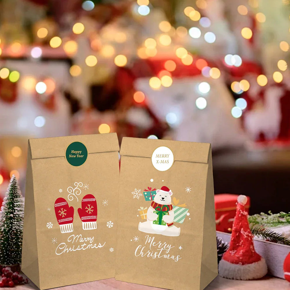 Christmas Kraft Paper Gift Bag Set, Durable High-Quality Premium Material, Holiday Design with 12 Bags & 12 Stickers, Festive Themes and Party Favors, Seasonal Packaging Decorative Wrapping, 24pcs, for Event Organizers House Of Avana [[SKU:HOA-STO-038]]