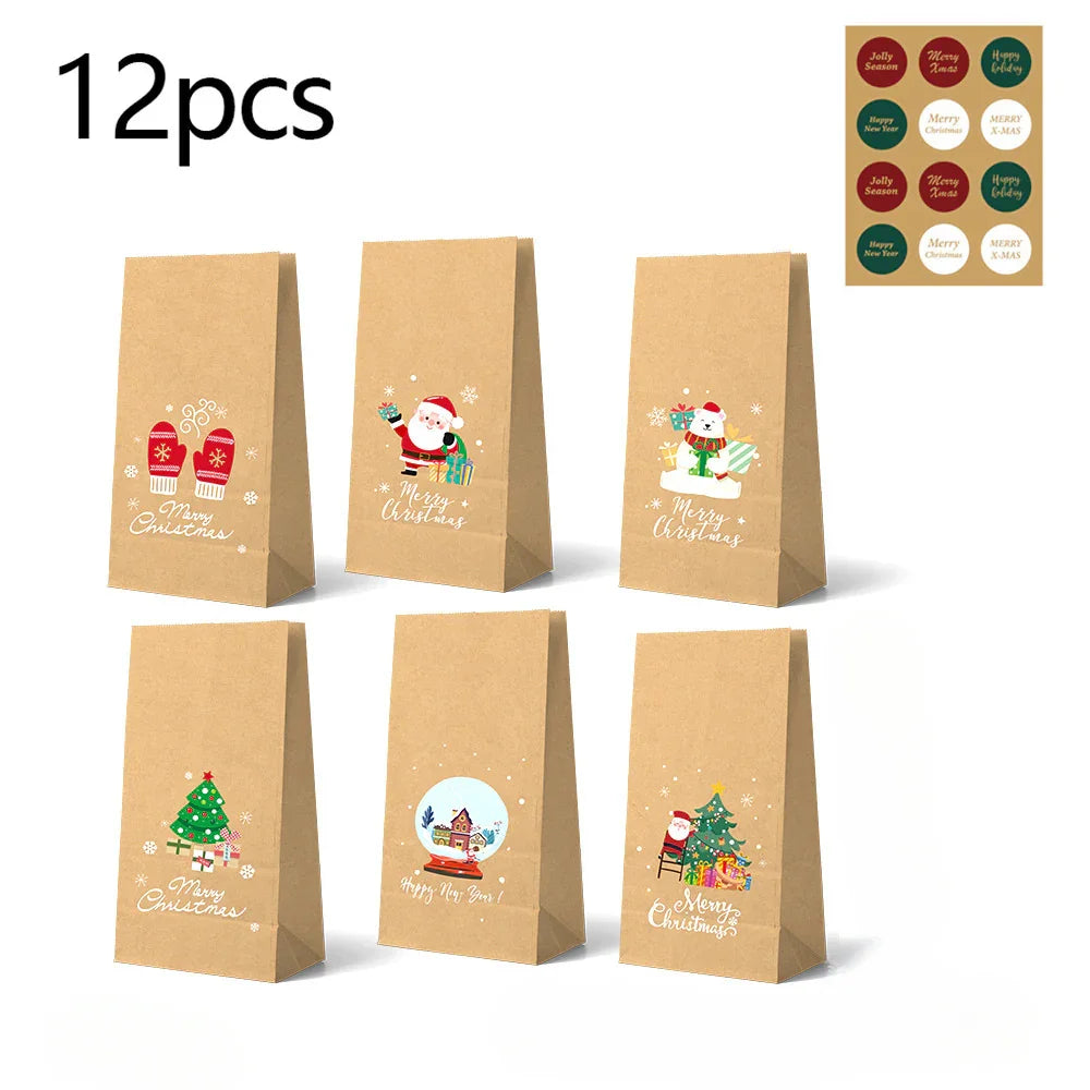 Christmas Kraft Paper Gift Bag Set, Durable High-Quality Premium Material, Holiday Design with 12 Bags & 12 Stickers, Festive Themes and Party Favors, Seasonal Packaging Decorative Wrapping, 24pcs, for Event Organizers House Of Avana [[SKU:HOA-STO-038]]