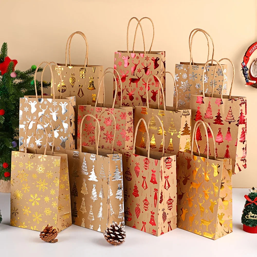 10 Christmas gift bags/hot stamping and hot stamping process/hard kraft paper material/cartoon Christmas tree reindeer snowflake pattern/gift bag holiday party kraft paper gift bags/Christmas party supplies/Christmas/Festive House Of Avana [[SKU:HOA-STO-041]]