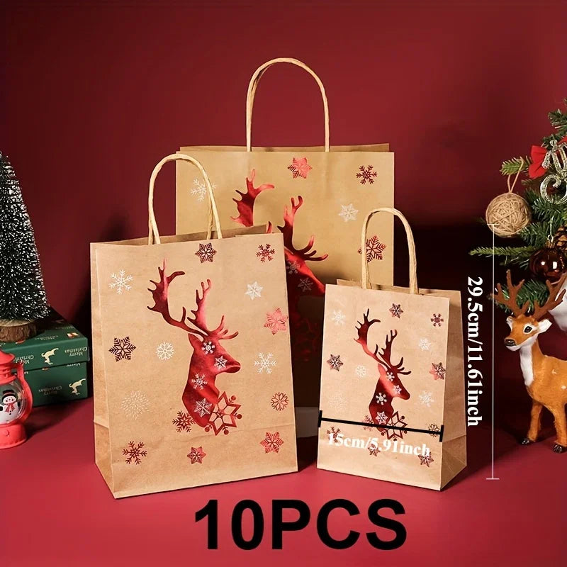 10 Christmas gift bags/hot stamping and hot stamping process/hard kraft paper material/cartoon Christmas tree reindeer snowflake pattern/gift bag holiday party kraft paper gift bags/Christmas party supplies/Christmas/Festive House Of Avana [[SKU:HOA-STO-041]]