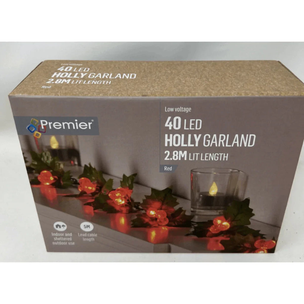 40 LED Holly & Red Berries Garland 2.8 metre Long Mains Powered Xmas Decoration House Of Avana