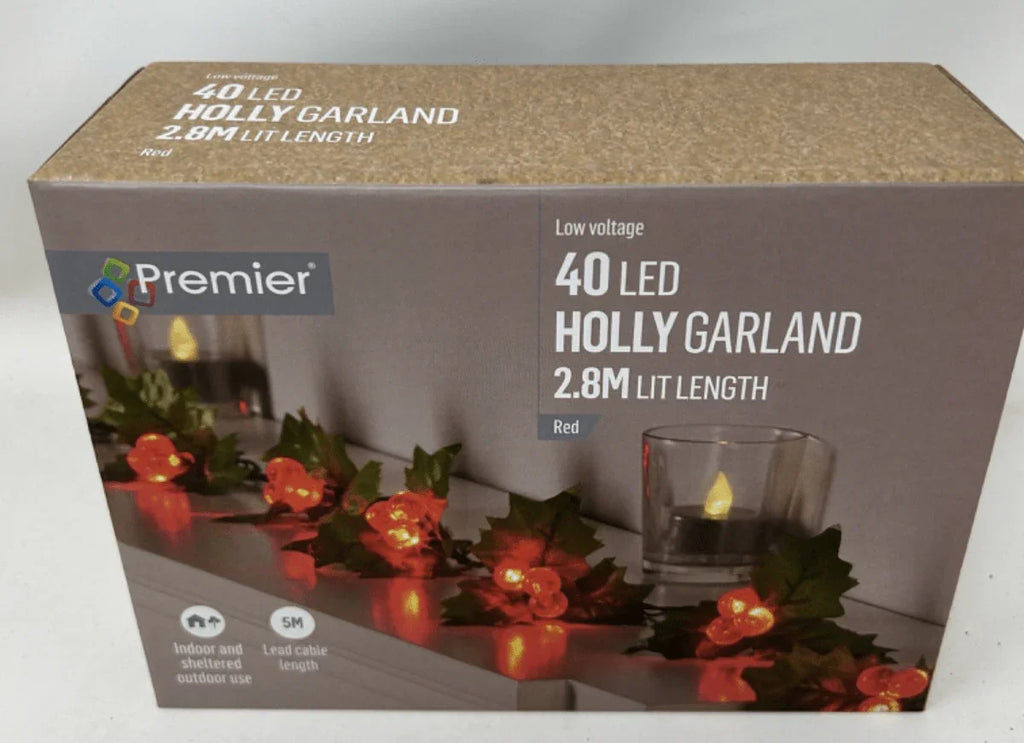 40 LED Holly & Red Berries Garland 2.8 metre Long Mains Powered Xmas Decoration House Of Avana