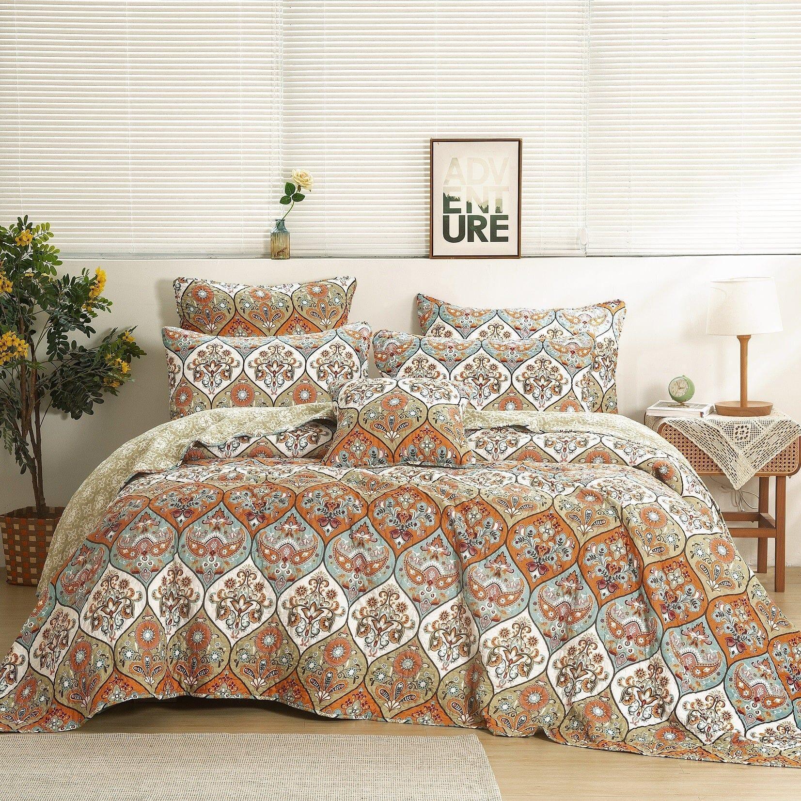 DaDa Bedding Bohemian Floral Paisley Garden Coral Teal Quilted Bedspread Set (LH1403) DaDalogy Bedding Collection