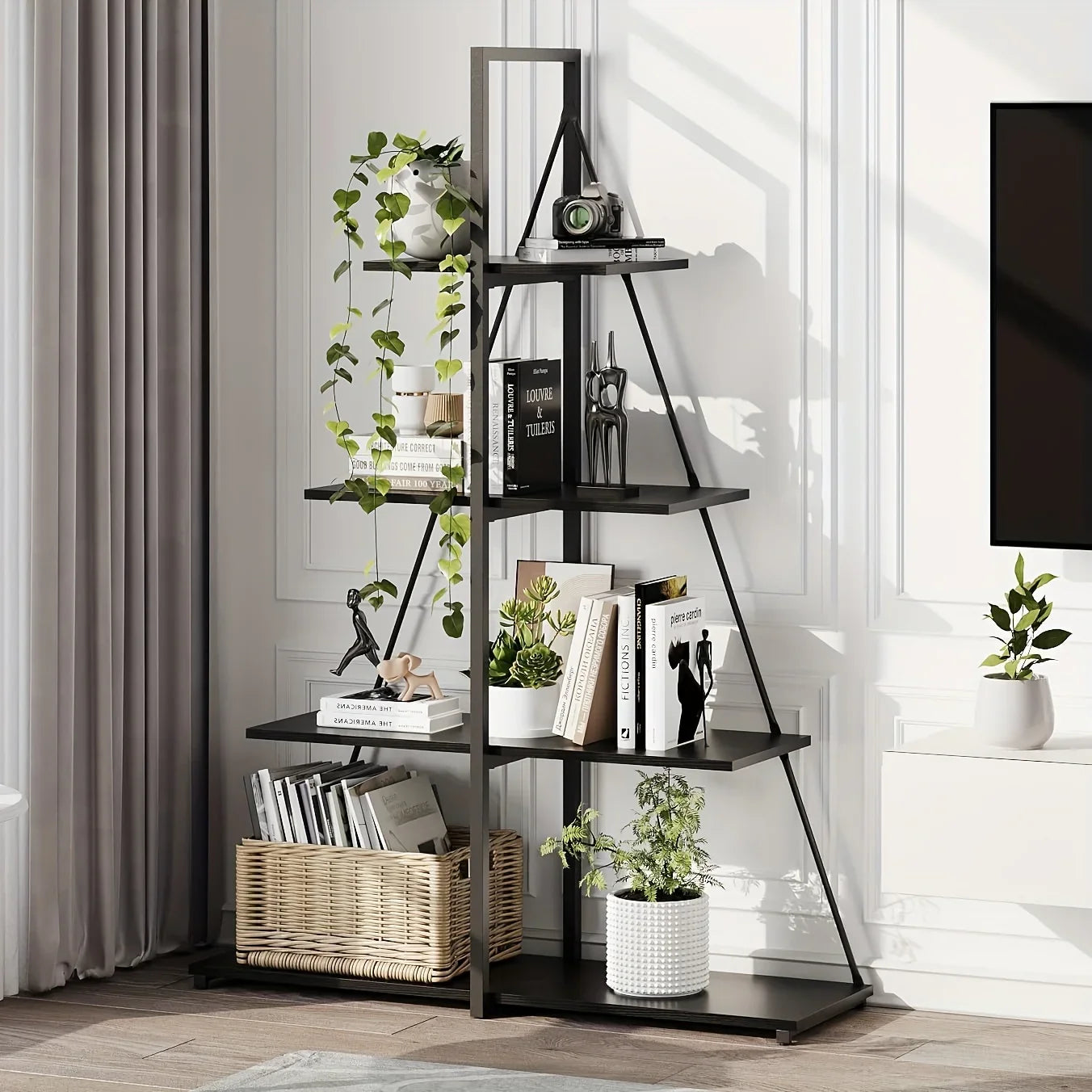 LIZHOUMIL 4-Tier Modern Boat-Shaped Bookshelf - Space-Saving Narrow Wooden & Metal Storage Shelf Organizer with Sturdy PB Board, Black Home Decor for Living Room, Bedroom, Office, Bookshelf Furniture, Bedroom Bookshelf, Conte House Of Avana
