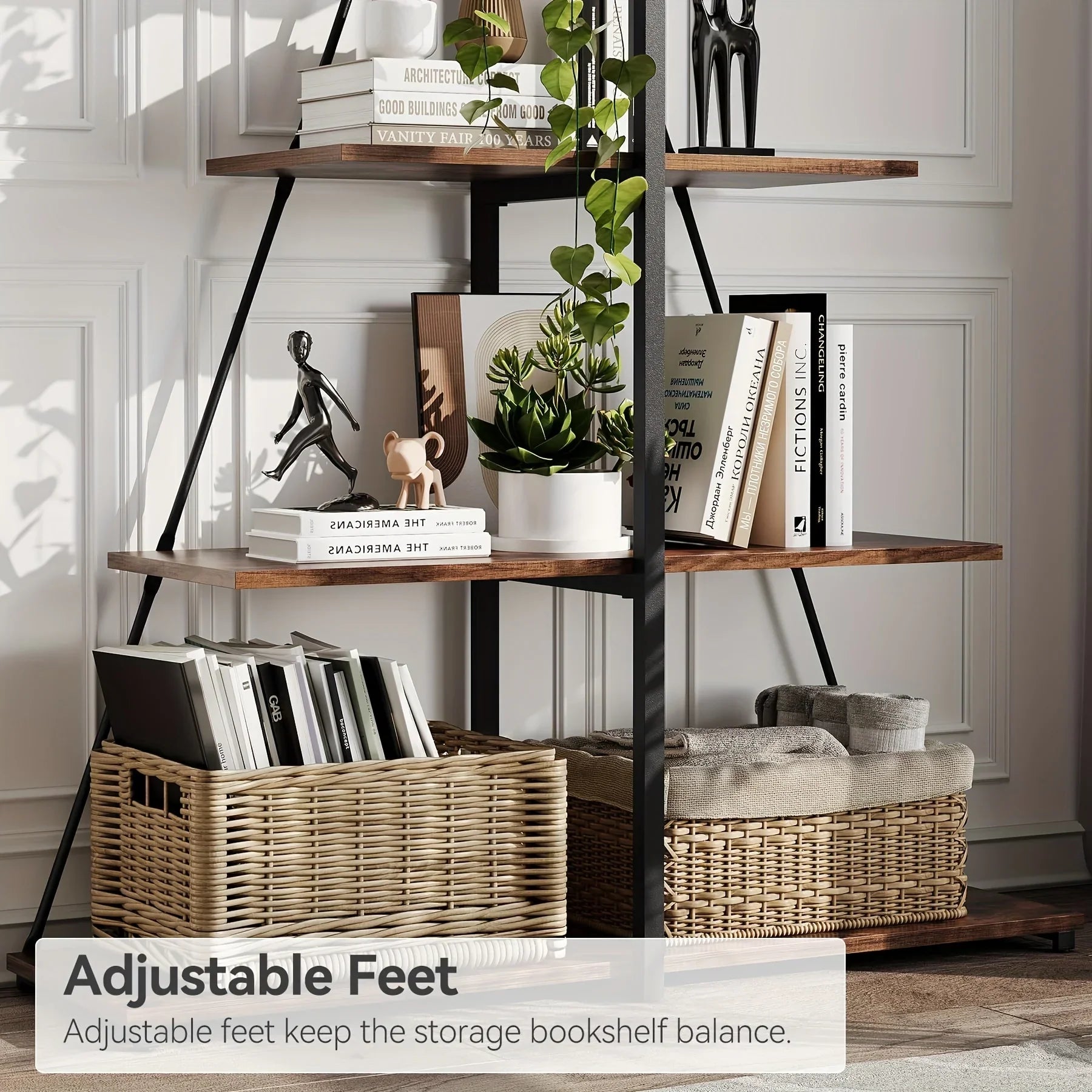 LIZHOUMIL 4-Tier Modern Boat-Shaped Bookshelf - Space-Saving Narrow Wooden & Metal Storage Shelf Organizer with Sturdy PB Board, Black Home Decor for Living Room, Bedroom, Office, Bookshelf Furniture, Bedroom Bookshelf, Conte House Of Avana