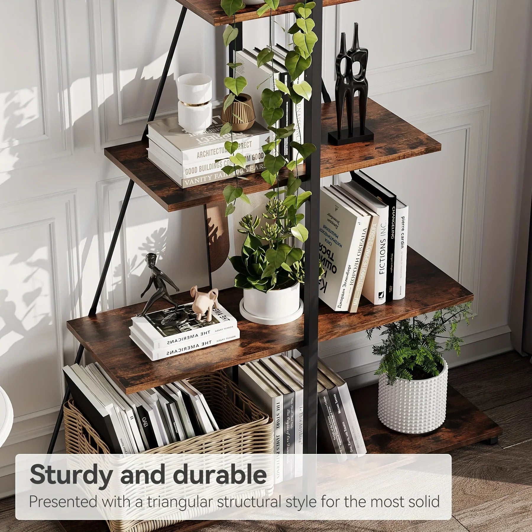 LIZHOUMIL 4-Tier Modern Boat-Shaped Bookshelf - Space-Saving Narrow Wooden & Metal Storage Shelf Organizer with Sturdy PB Board, Black Home Decor for Living Room, Bedroom, Office, Bookshelf Furniture, Bedroom Bookshelf, Conte House Of Avana