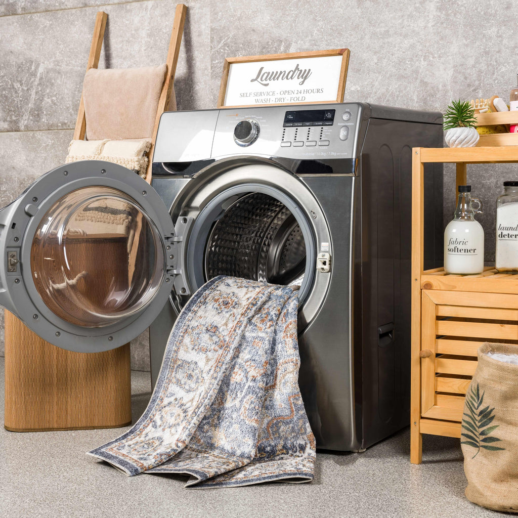 Aurum Blue & Beige Washable Area Rug Hauteloom