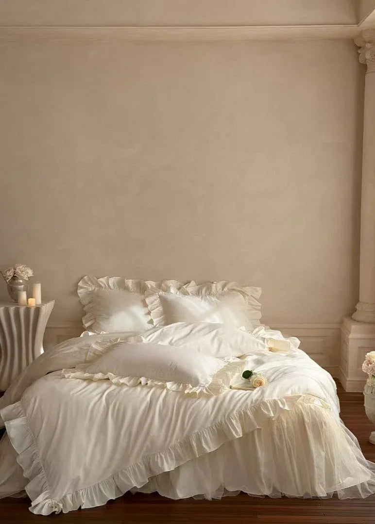Lacey Lace Ruffle Washed Cotton Bedding Set / Blue Ever Lasting