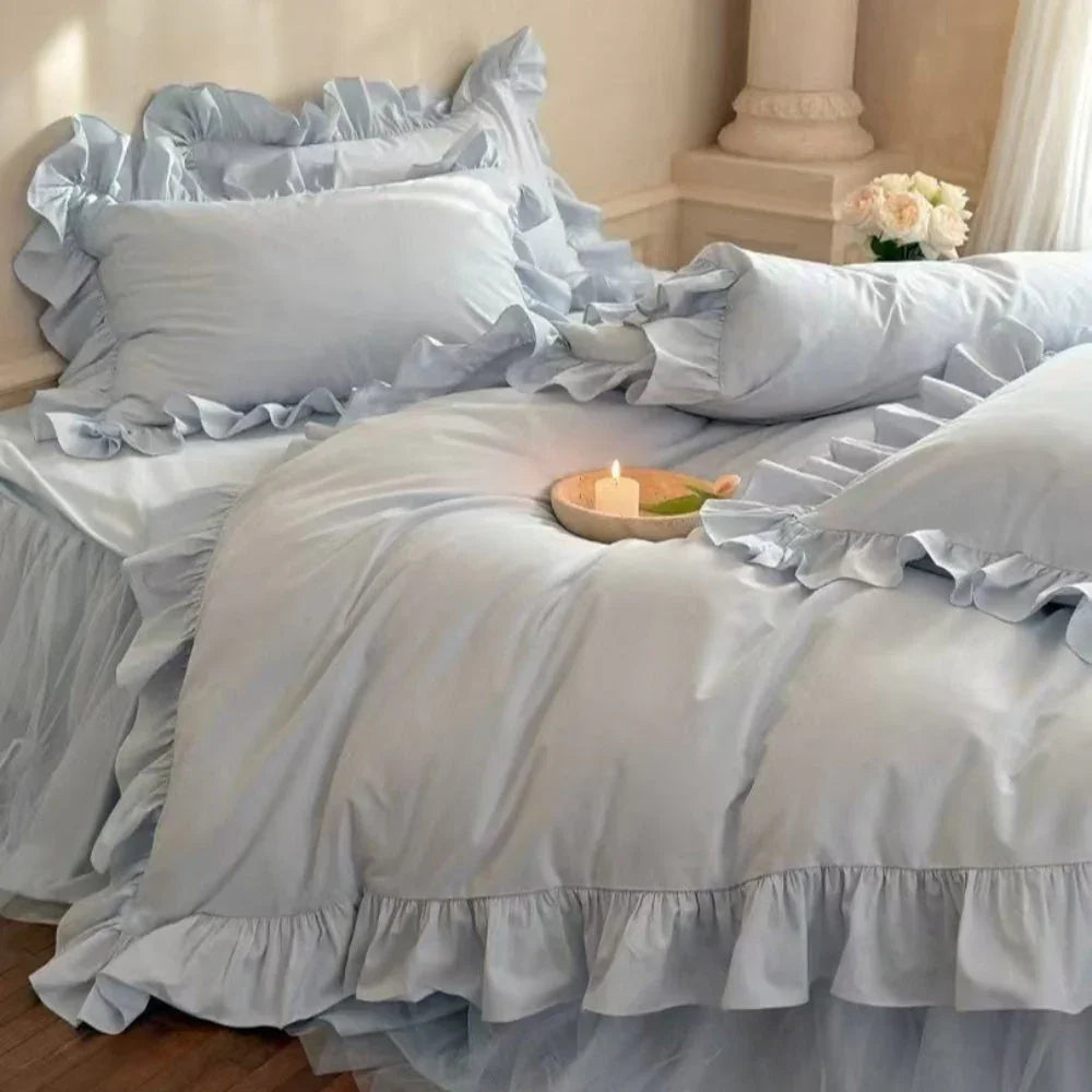 Lacey Lace Ruffle Washed Cotton Bedding Set / Blue Ever Lasting