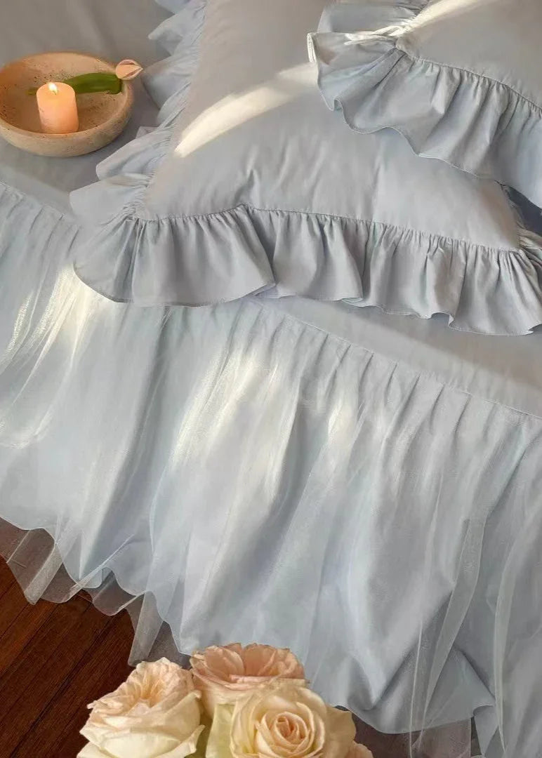Lacey Lace Ruffle Washed Cotton Bedding Set / Blue Ever Lasting
