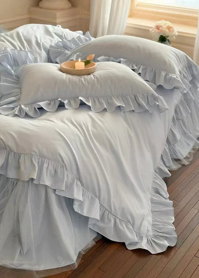 Lacey Lace Ruffle Washed Cotton Bedding Set / Blue Ever Lasting