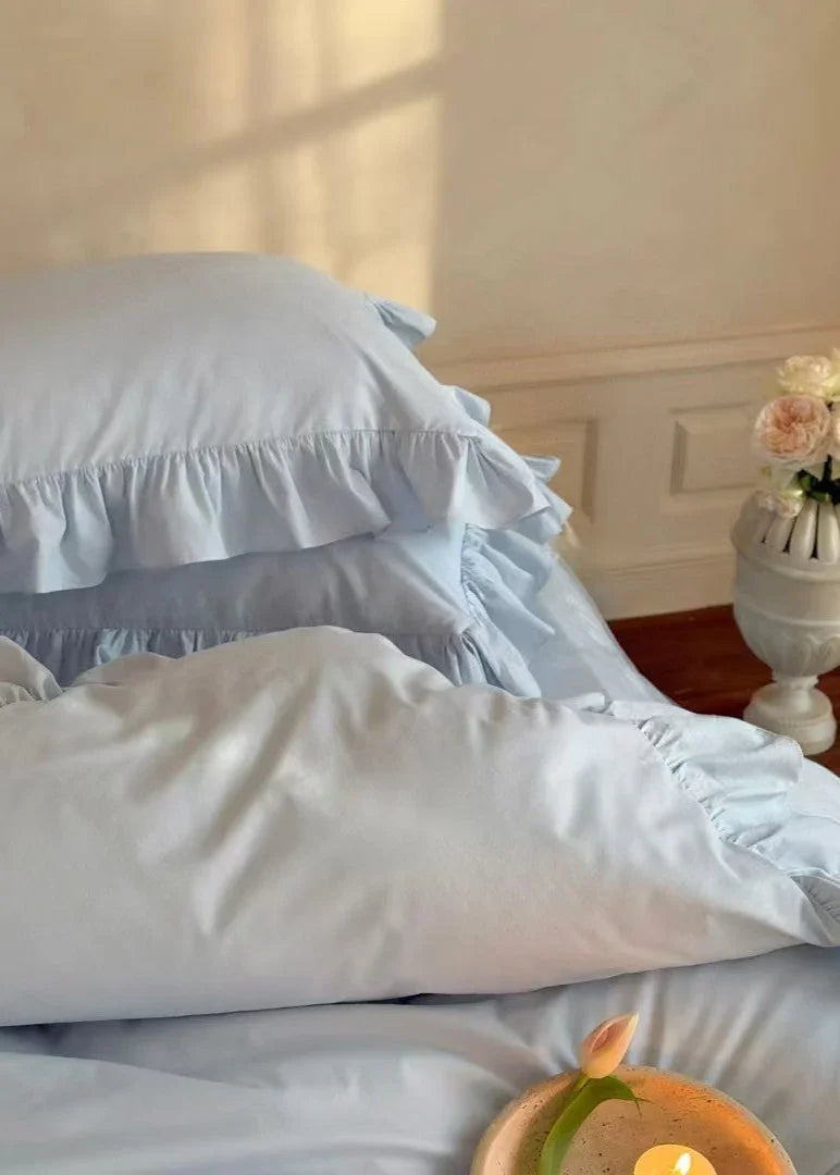 Lacey Lace Ruffle Washed Cotton Bedding Set / Blue Ever Lasting