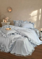 Lacey Lace Ruffle Washed Cotton Bedding Set / Blue Ever Lasting