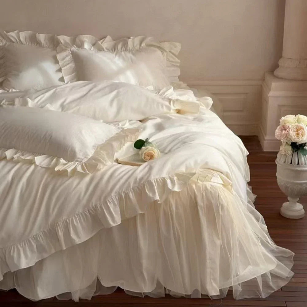 Lacey Lace Ruffle Washed Cotton Bedding Set / Blue Ever Lasting