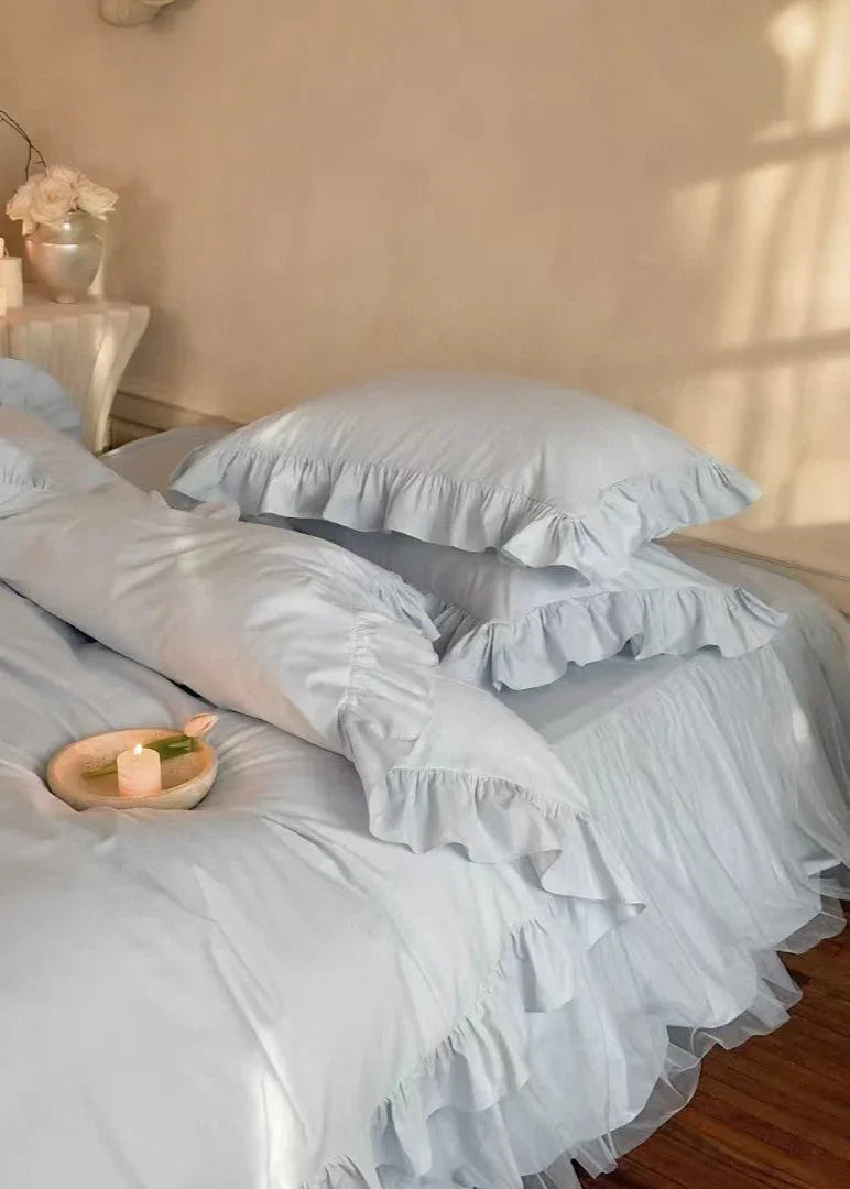Lacey Lace Ruffle Washed Cotton Bedding Set / Blue Ever Lasting