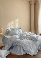 Lacey Lace Ruffle Washed Cotton Bedding Set / Blue Ever Lasting
