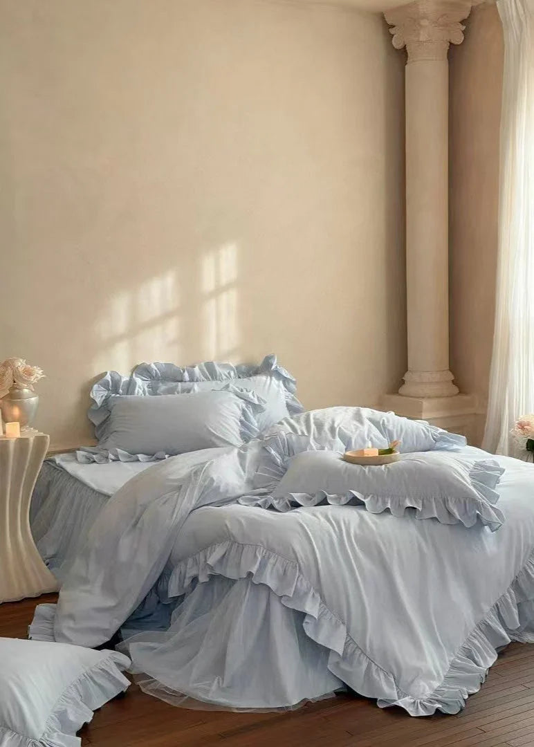 Lacey Lace Ruffle Washed Cotton Bedding Set / Blue Ever Lasting