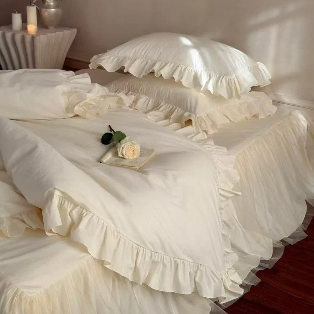 Lacey Lace Ruffle Washed Cotton Bedding Set / Blue Ever Lasting