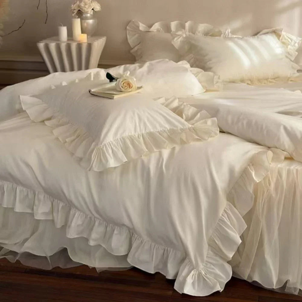 Lacey Lace Ruffle Washed Cotton Bedding Set / Blue Ever Lasting
