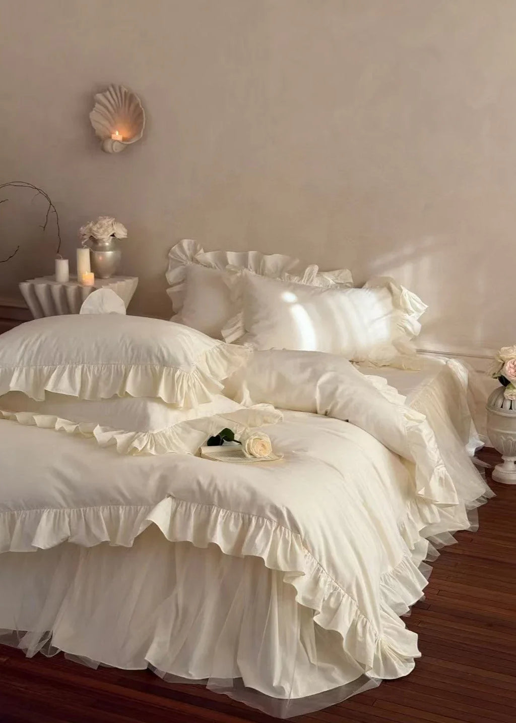 Lacey Lace Ruffle Washed Cotton Bedding Set / Blue Ever Lasting