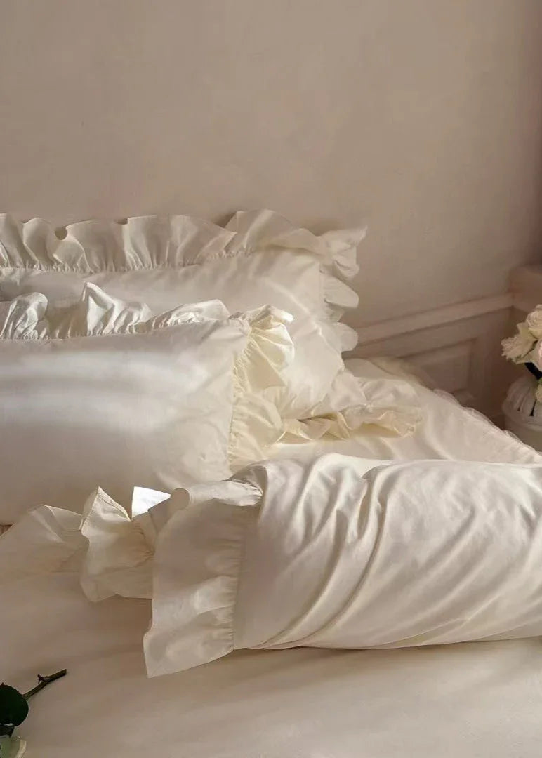 Lacey Lace Ruffle Washed Cotton Bedding Set / Blue Ever Lasting