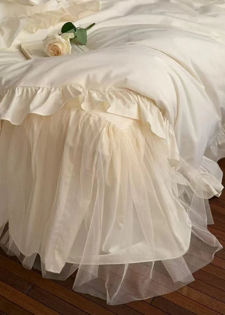 Lacey Lace Ruffle Washed Cotton Bedding Set / Blue Ever Lasting