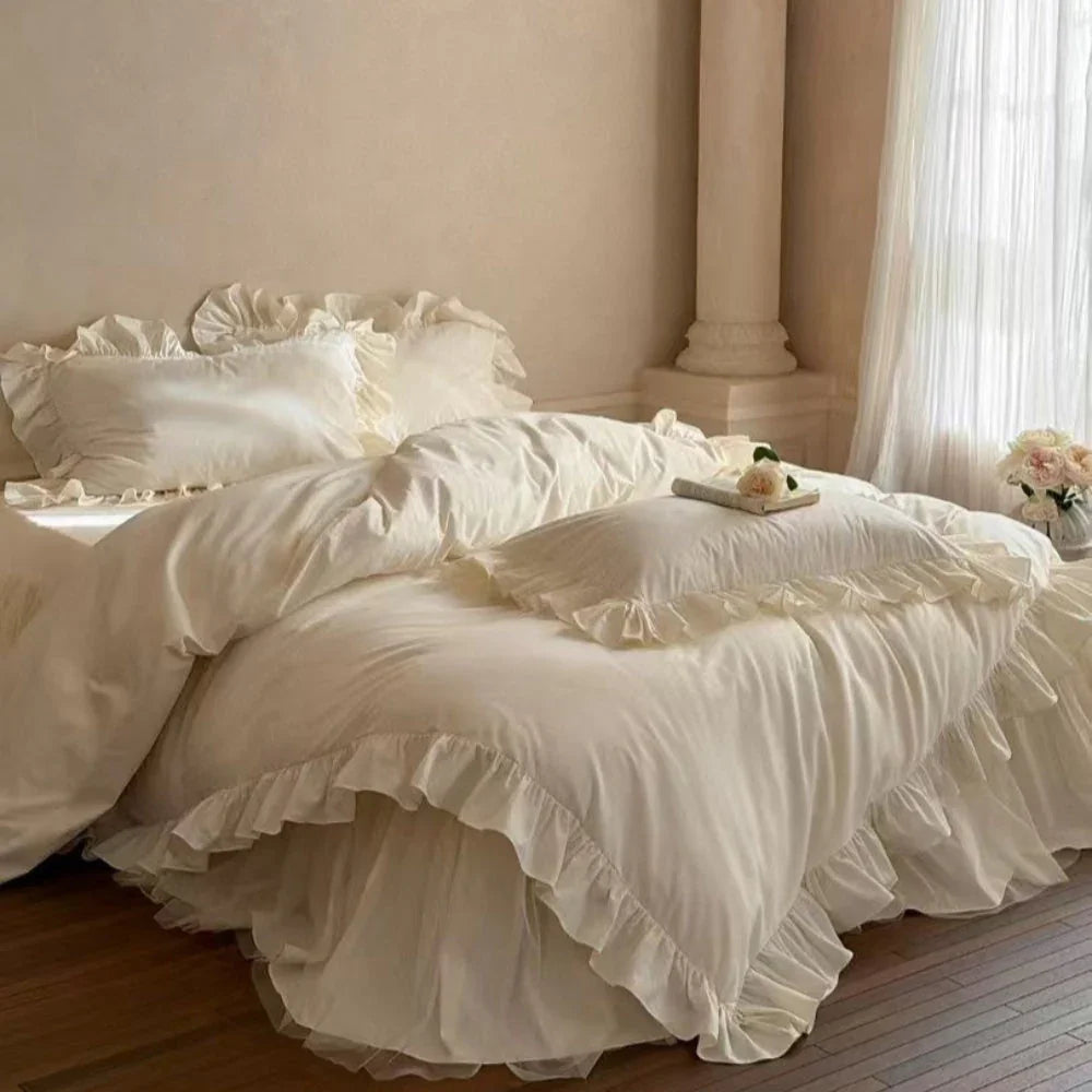 Lacey Lace Ruffle Washed Cotton Bedding Set / Blue Ever Lasting