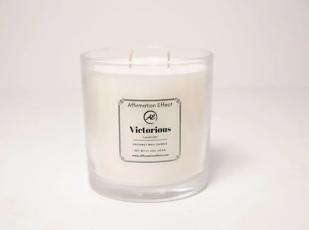 Lavender "victorious" Affirmation Candle - 17.5 Oz, front view - House Of Avana